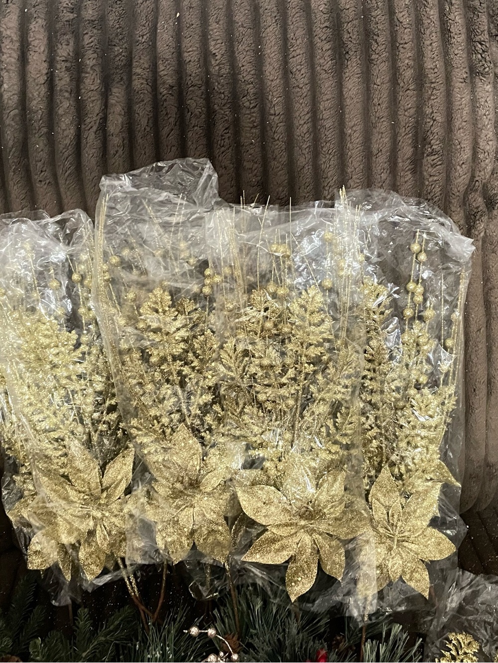 Gold Glitter Poinsettia and Spray Stem Sets -lot of 18 bags of 2 stems